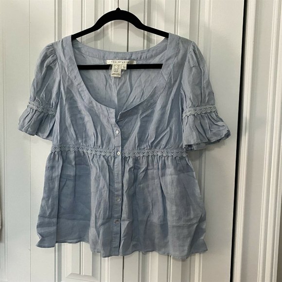 Max Studio Boho Top Short Sleeve Chambray Trim Ruffle Linen Small - Picture 1 of 5